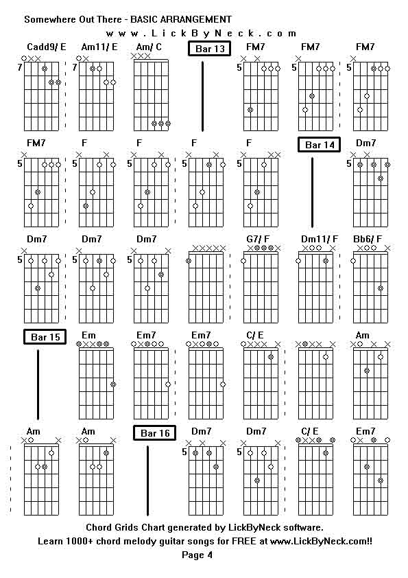 Chord Grids Chart of chord melody fingerstyle guitar song-Somewhere Out There - BASIC ARRANGEMENT,generated by LickByNeck software.